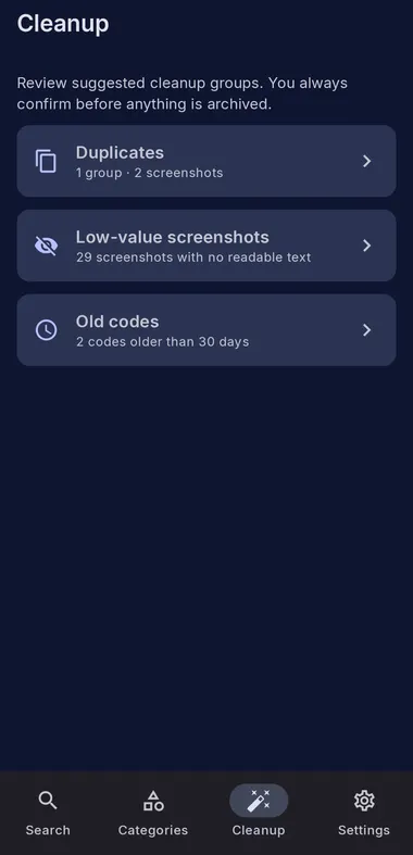 ShotFinder Cleanup showing screenshot groups to review