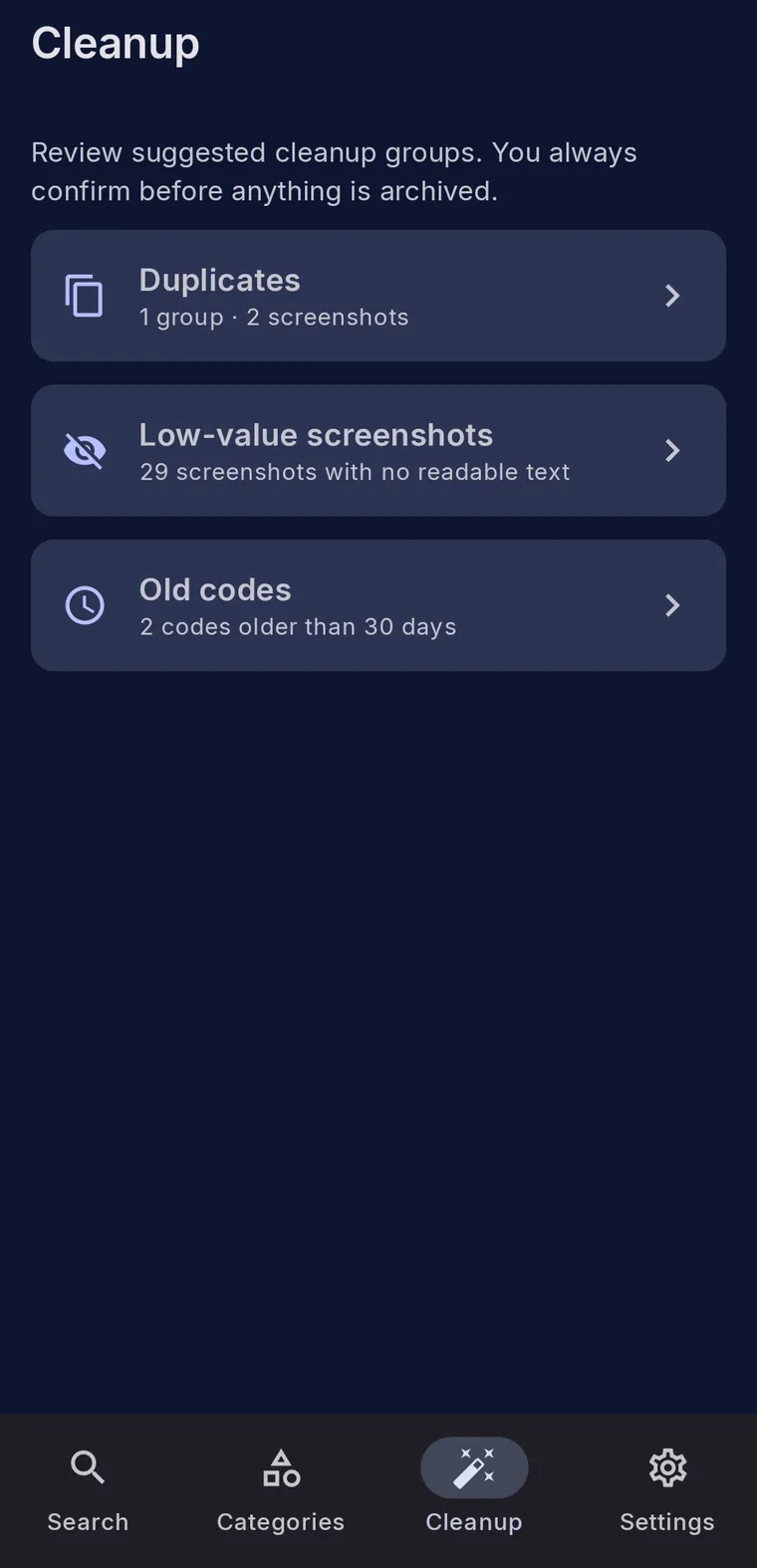 ShotFinder cleanup screen suggesting duplicates, low-value screenshots and old codes to clear