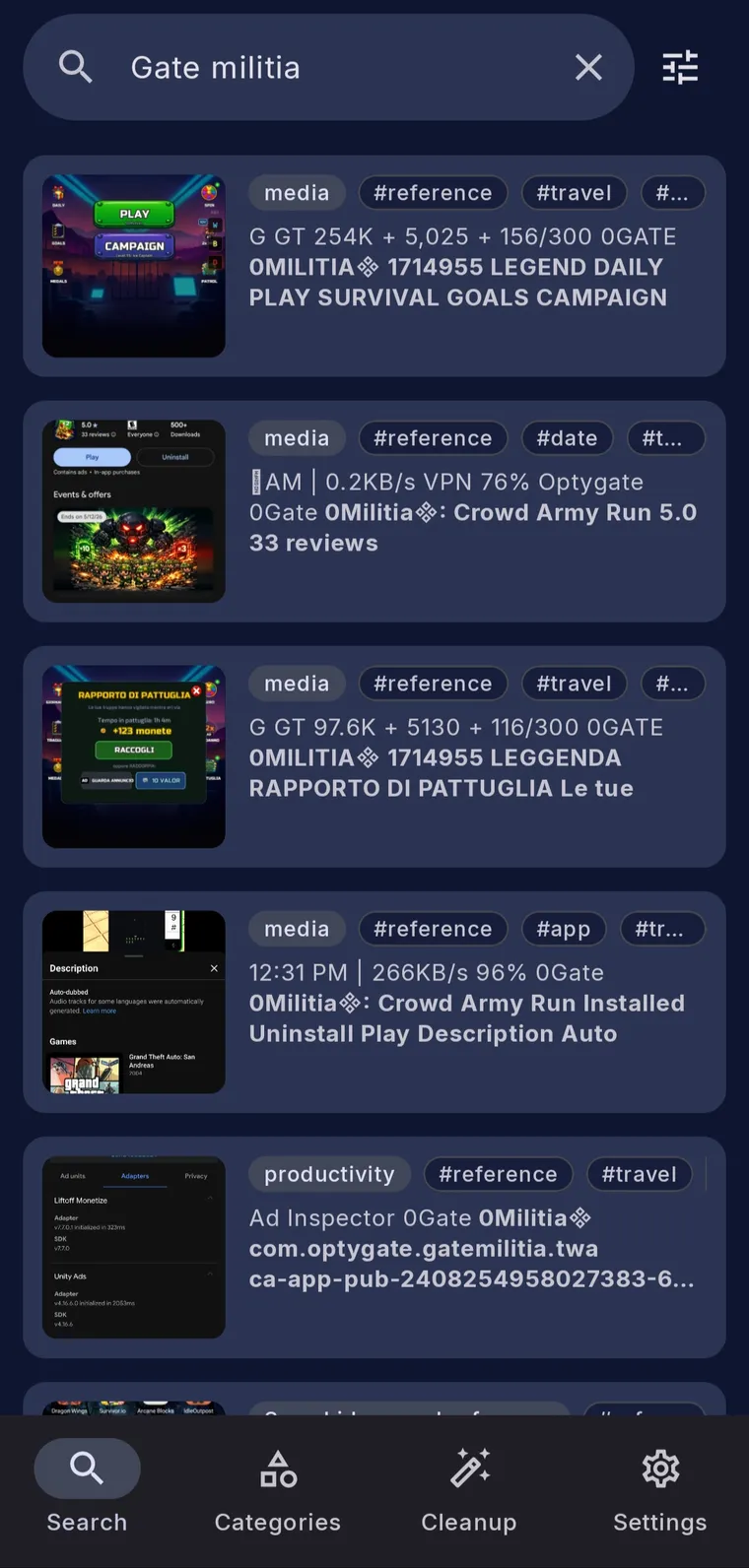 ShotFinder search results listing screenshots that match a query, each with tags and a text snippet