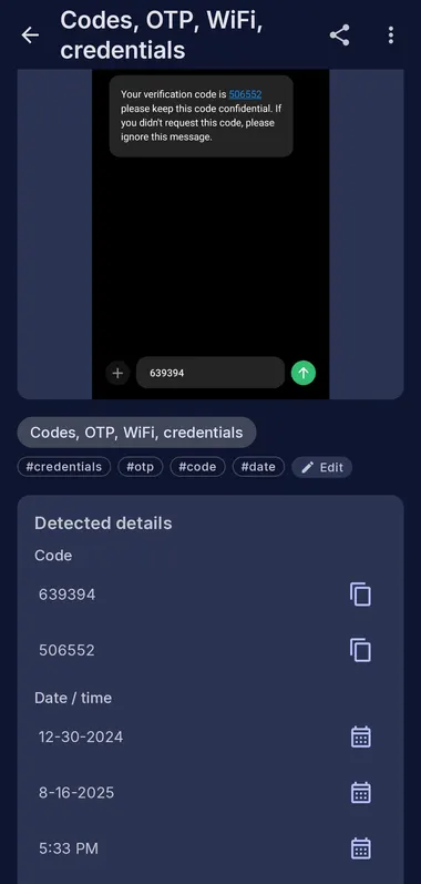 ShotFinder detail screen detecting verification codes inside a screenshot with one-tap copy buttons