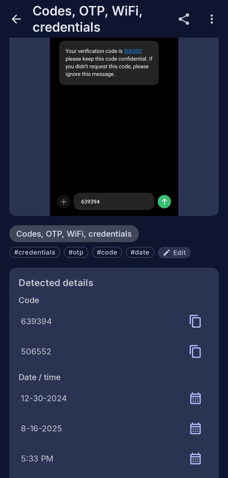 ShotFinder detail screen detecting verification codes inside a screenshot with one-tap copy buttons